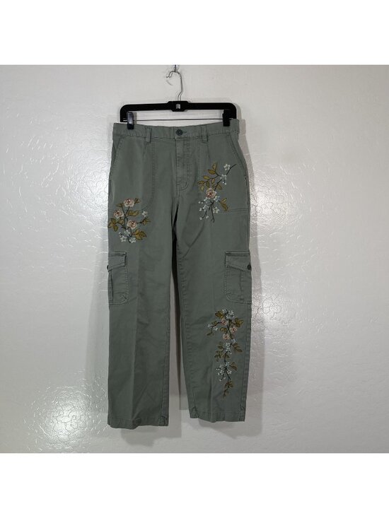 Sundance Pants - Sundance Pants Womens 8 Green Twill Cargo Embroidered Floral Elastic Waist